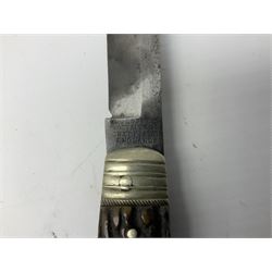 Hunting knife by J Nowill & Sons, Sheffield, the handle inset with mother of pearl, blade length 19cm; George Wolstenholme IXL lock-knife with antler scales L29cm open; and another Bowie style hunting knife marked 'V.R. Warranted Sheffield Joseph Ellis & Sons' in leather sheath (3)