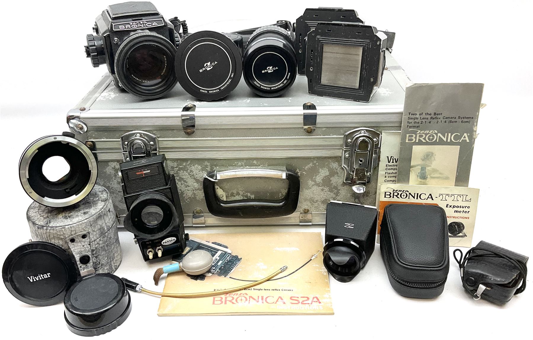 Zenza Bronica S2A medium format camera body, with Zenza Bronica Zenzanon MC '1:2.4 f-80mm' lens, together with Nippon Kogaku Nikkor-P '1:4 f-200mm' lens, Nikkor D.C '1:4 f-40mm' lens, two film backs and other camera equipment, housed in a hard flight case