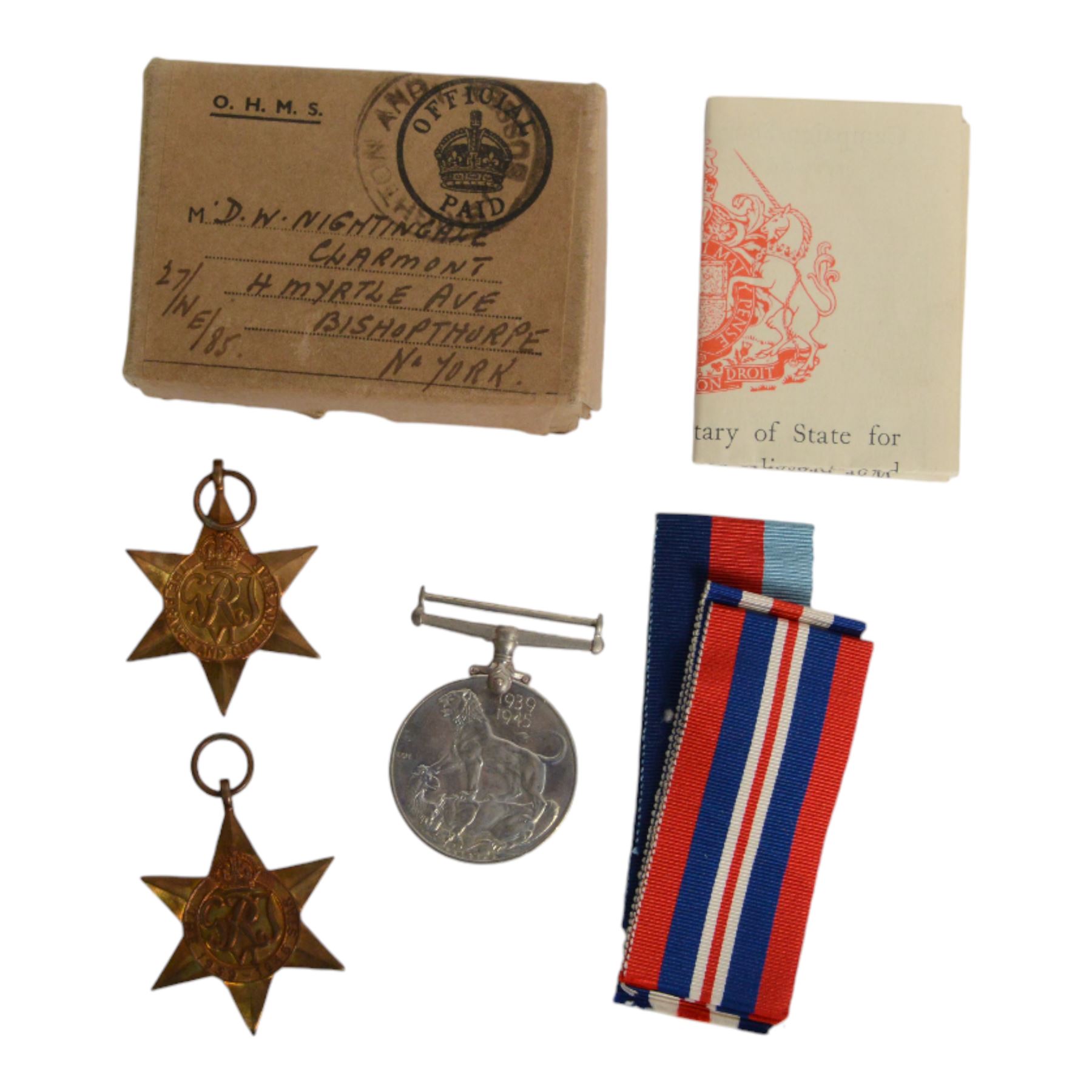 Three sets of WWII medals, comprising trio 1939-45 Star, French and German Star and War medal, awarded to D W Nightingale, trio, 1939-45 Star, Atlantic Star and War medal, awarded to GH Eaton and pair defence and war medal awarded to S Lagenly, all awarded to soldiers from the York area   