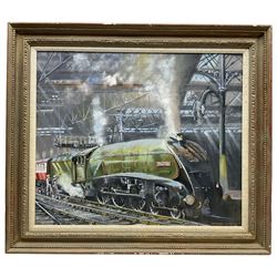 Bernard Whitaker (British 20th century): Falcon Steam Train Departing Station, oil on board signed 46cm x 54cm