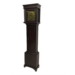 A mid-18th century 30-hour provincial longcase clock by John Darke of Holdsworthy (Devon), in an oak case with a flat-topped pediment, square hood door flanked by two free standing pillars with brass capitals, trunk with a flat-topped full-length door on a rectangular plinth with applied shaped skirting, a 9-1/2” square brass dial with a matted centre and brass (unsilvered) chapter ring, engraved with roman numerals, half and quarter hour divisions, single steel hand and 