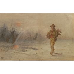 Frank Feller (British 1848-1908): Returning Home with Firewood at Sunset, watercolour signed and dated 1876, 23cm x 35cm