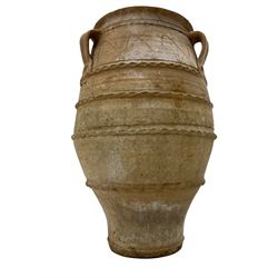 Circular terracotta urn, three handles - THIS LOT IS TO BE COLLECTED BY APPOINTMENT FROM DUGGLEBY STORAGE, GREAT HILL, EASTFIELD, SCARBOROUGH, YO11 3TX