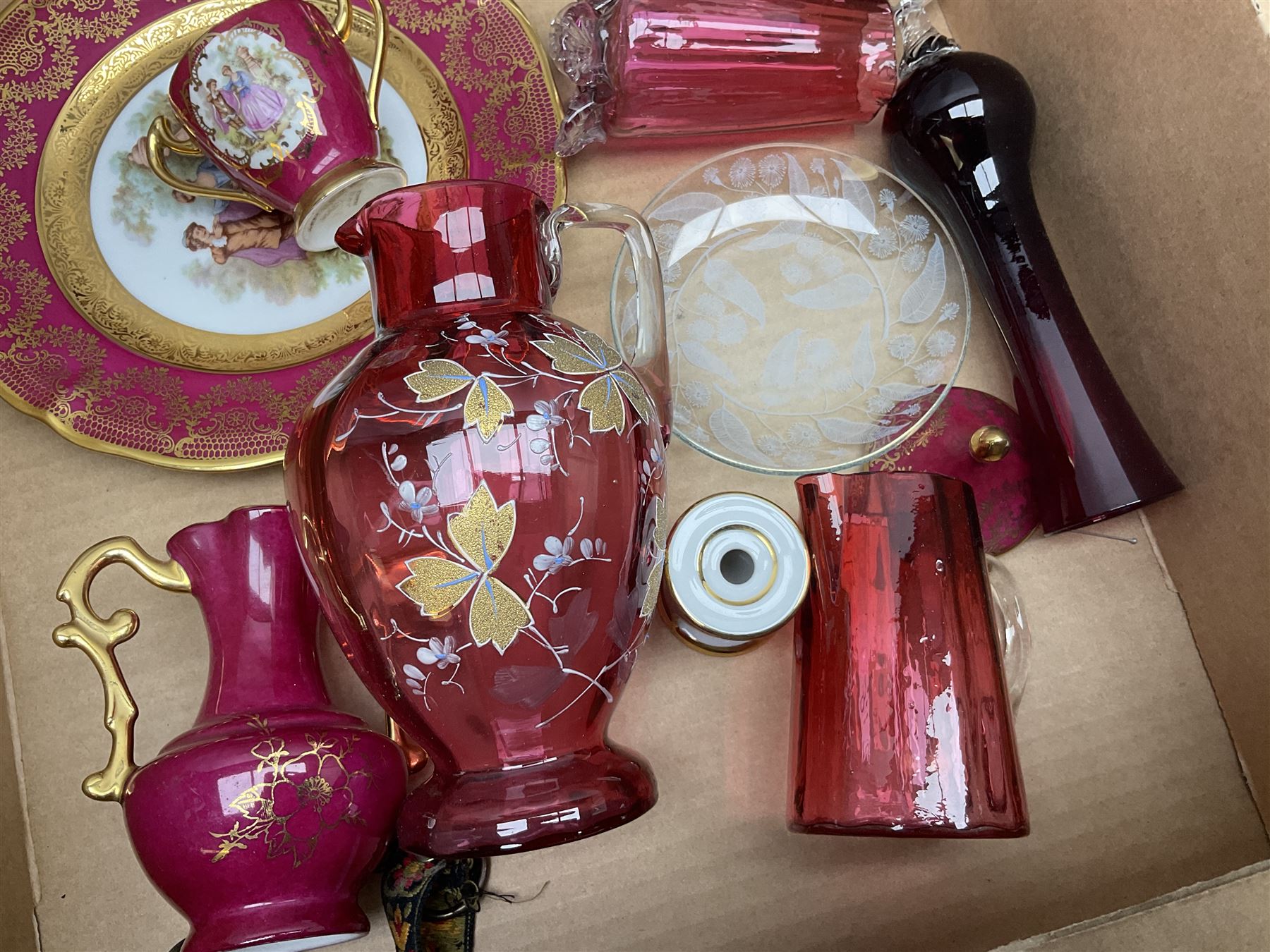 Victorian and later ceramics and glassware, to include cranberry glass, Limoges, blue and white, teawares etc