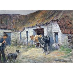 George Smith (Scottish 1870-1934): Cattle and Sheepdog in the Farmyard, oil on board signed 29cm x 39cm