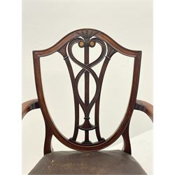 Set six early 20th century Sheraton revival dining chairs, shield shaped back with serpentine bead carved and fluted upright splat, serpentine seat upholstered in leather with stud work, square tapering stop fluted supports with spade feet, the two carvers with curved arms and supports with scroll carved terminals, seat height - 47cm, seat width - 53cm 