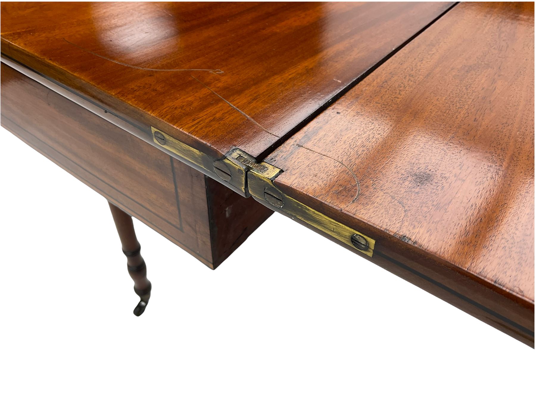 Early 19th century inlaid mahogany D-shaped tea table, fold-over top