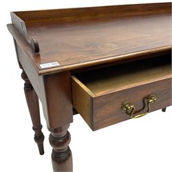 Victorian design mahogany washstand, raised back over rectangular moulded top, fitted with two drawers, on turned supports