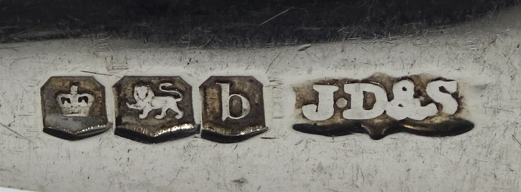 Pair of silver candlesticks by P H Vogel & Co, Birmingham 1970, silver spectacle case by W J Myatt & Co, Birmingham 1920 and five silver butter knives by James Dixon & Sons Ltd, Sheffield 1919