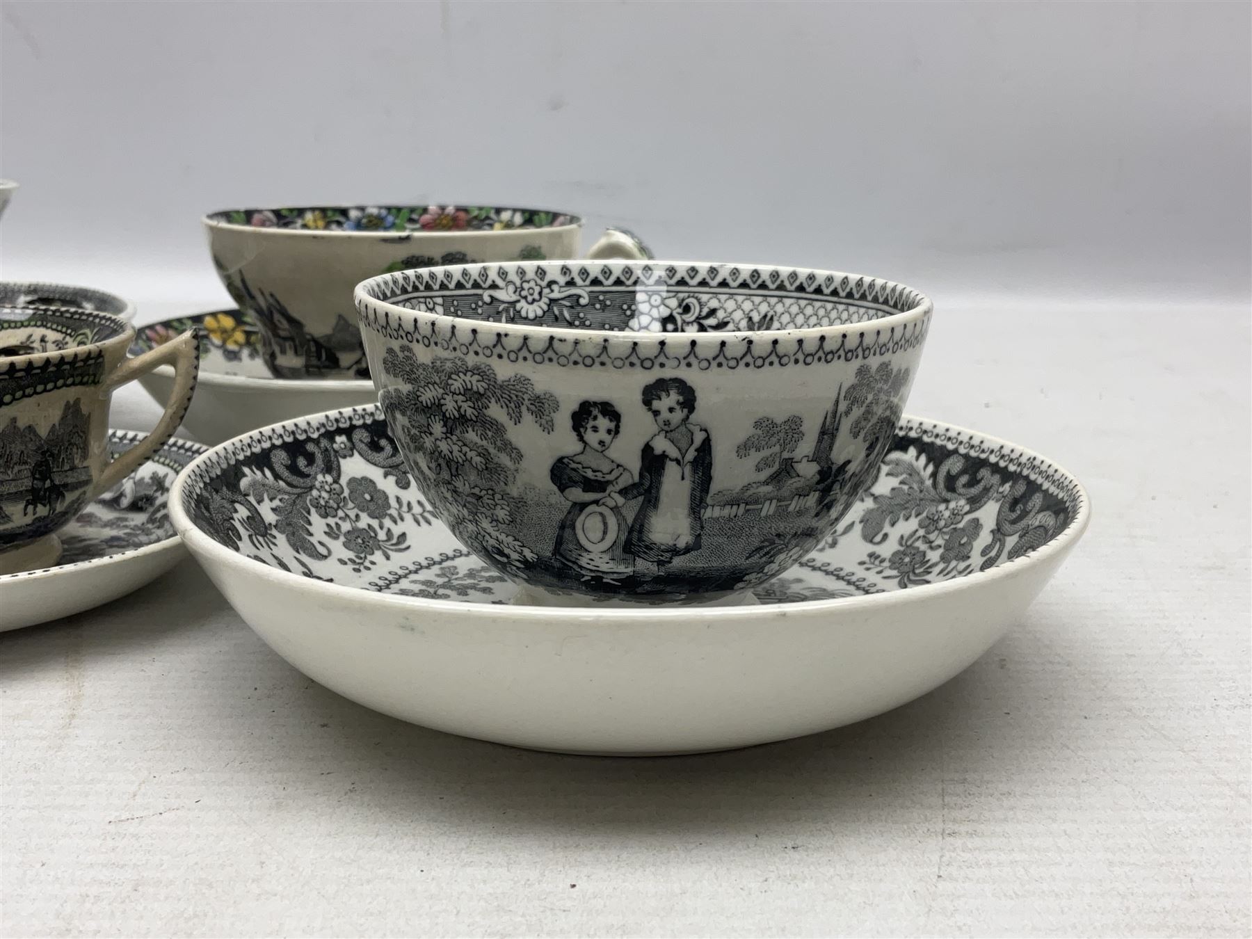 Collection of 19th century tea wares by William Smith & Co, decorated in various patterns including Cupid, Tally Ho and Fountain 