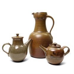 David Lloyd Jones (1928-1994): Three works, a large jug and two teapots, in typical brown ...