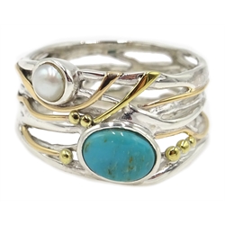  Silver and 14ct gold turquoise and pearl ring, stamped 925  
