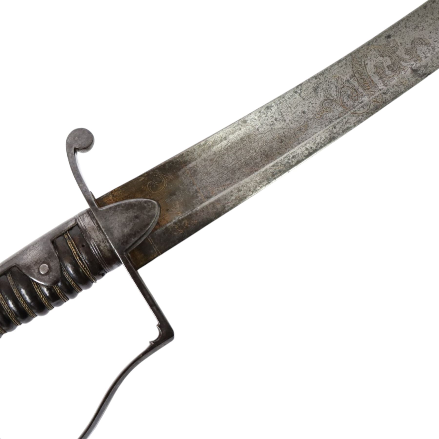 British 1796 pattern, light cavalry officers' saber, by Wooley, Deakin, Dutton of Birmingham, the 80cm single edge curved blade retaining traces of original blue and gilding which bears the coat of arms of George III and military trophies, the steel stirrup hilt with leather bound grip and original silver triple wire binding, within steel scabbard with twin suspension rings, overall L98cm  