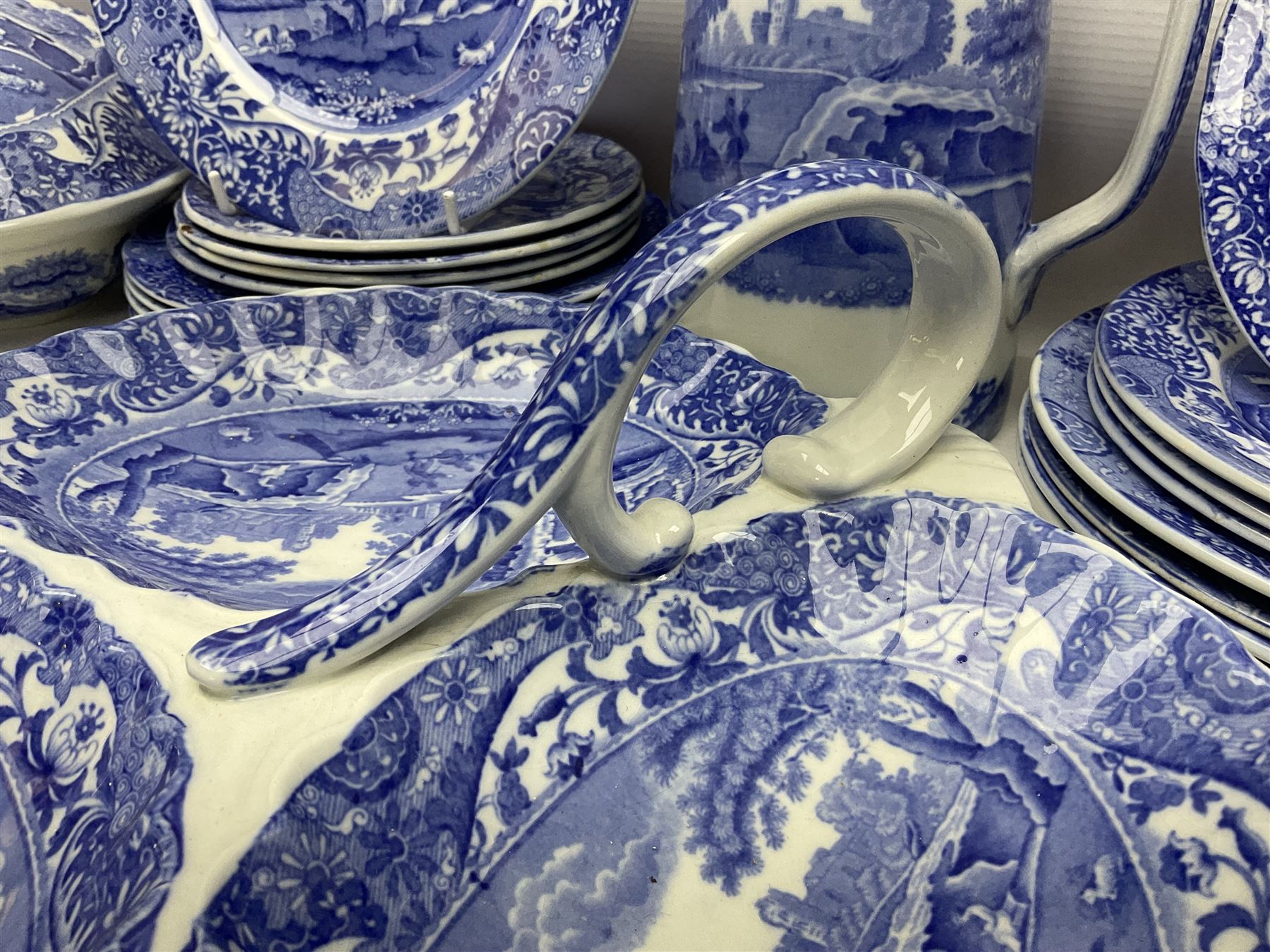Copeland Spode Italian pattern tea and dinner wares, including hor d'oeuvres dish, tureen and cover, coffee pot, six coffee cans and saucers, etc, all with blue printed marks beneath (40)