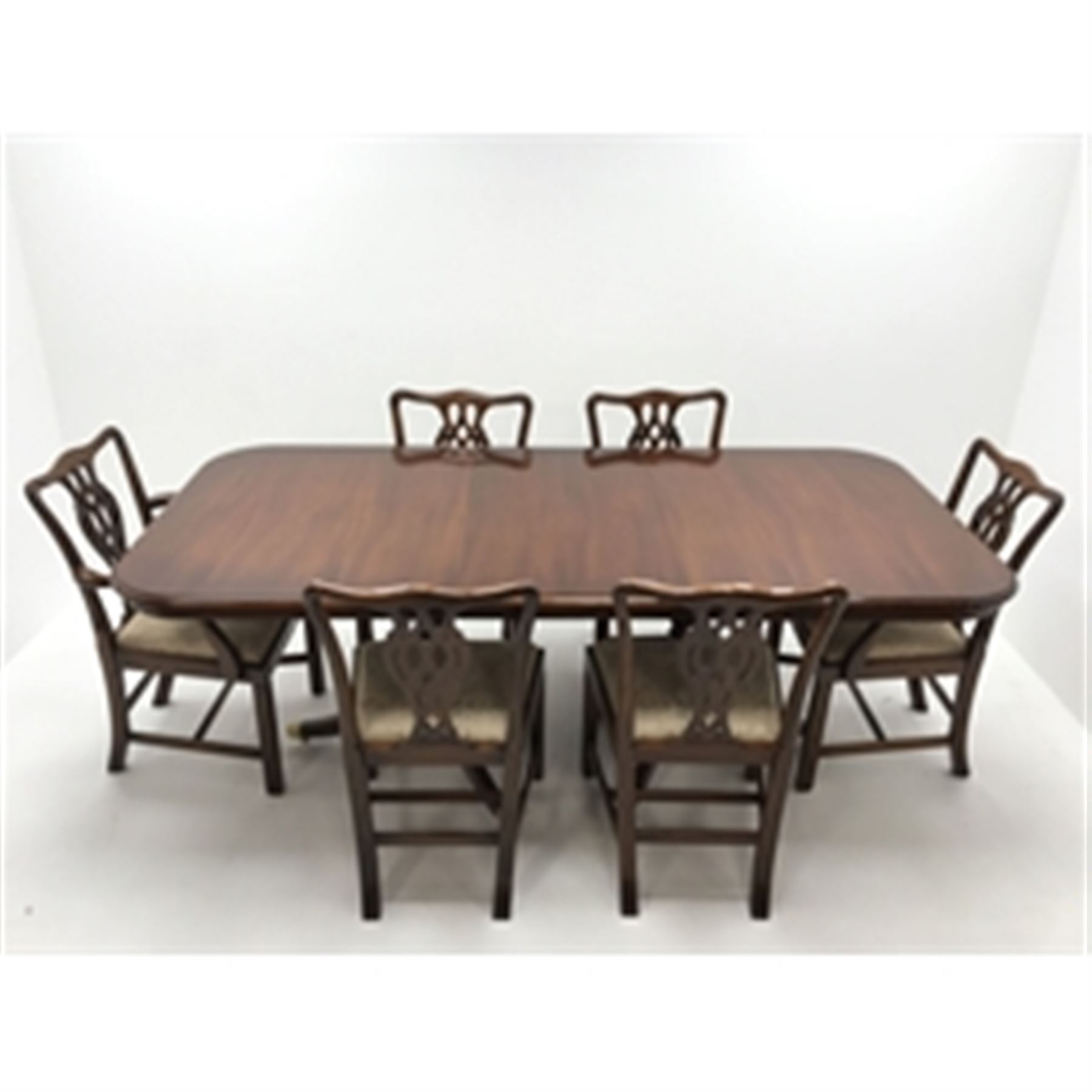 Wade Georgian style mahogany twin pedestal extending dining table, turned supports on shaped brass capped feet (W214cm, H80cm, D100cm) and set six (4+2) Chippendale style chairs, upholstered seat, square supports (W55cm)