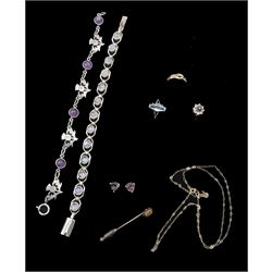 9ct gold jewellery including two rings, necklace, stick pin and silver jewellery including amethyst cabochon thistle bracelet, moonstone bracelet and a pair of mystic topaz stud earrings 