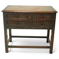 20th century carved oak side table, moulded rectangular top over a pair of drawers fitted ...