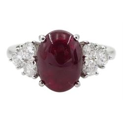 18ct white gold cabochon ruby and six brilliant cut diamond ring, hallmarked, ruby approx 3.70 carat, total diamond weight approx 0.55 carat