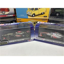Corgi - eighteen modern die-cast models including racing cars, Land Rovers, Thornycroft Box Van, Ford Transit and Bedford Vans, Minis, Last Routemaster bus, two Trackside DIYCAST sets etc; all boxed (18)