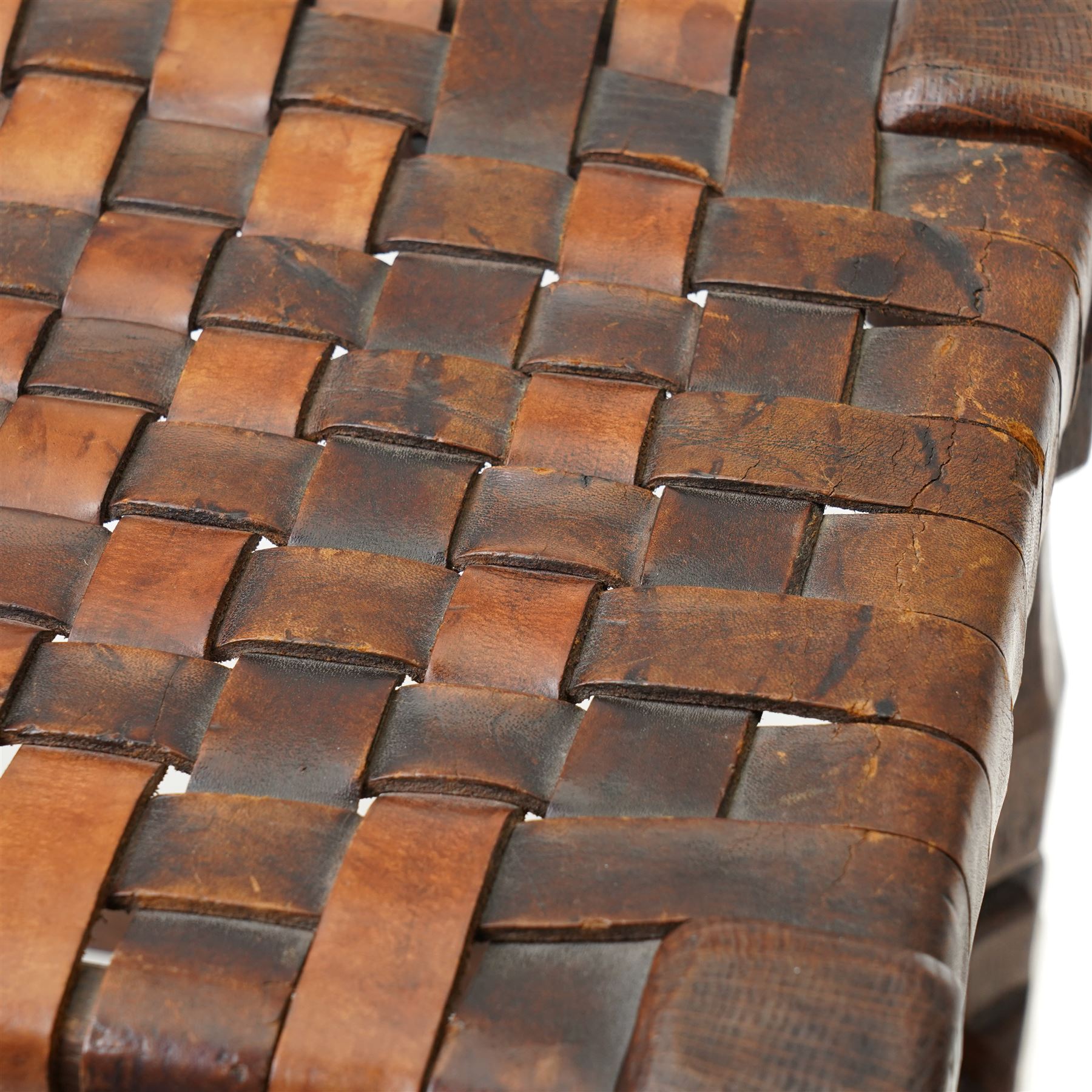 Mouseman - 1930s adzed oak joint stool, leather latticework seat on chamfered octagonal supports, carved with mouse signature, by Robert Thompson of Kilburn