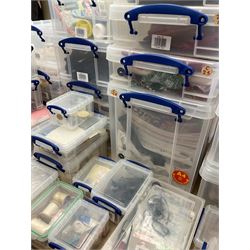 Collection of fabric, together with other sewing equipment, all housed in Really Useful Boxes