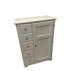 White painted cupboard, fitted with large cupboard, two false drawers enclosing cupboard over three drawers, on bracket feet
