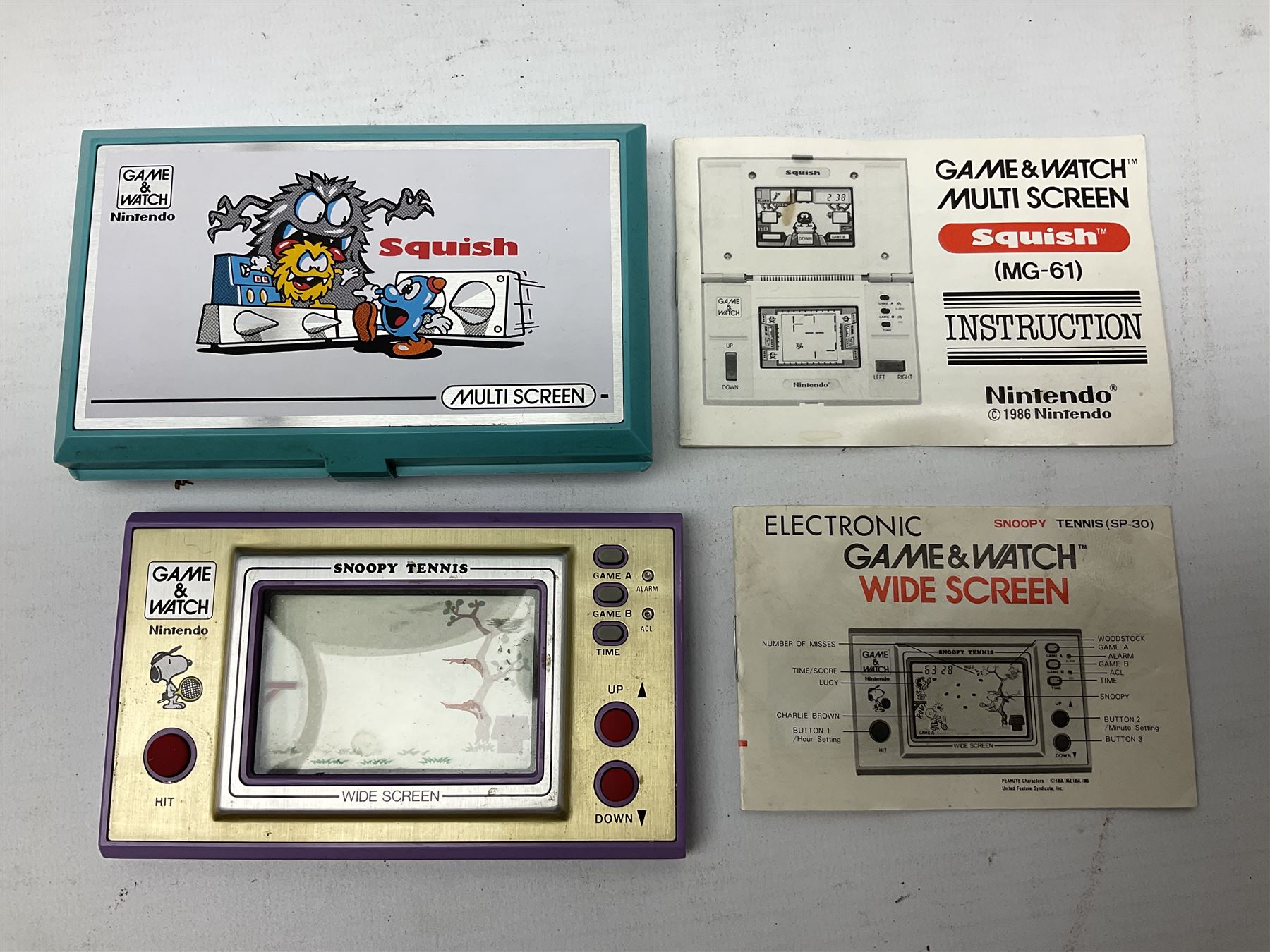 Collection of retro handheld games, including Nintendo Game & Watch ‘Snoopy Tennis’ (1982) and ‘Squish’ (1986) both with instruction booklets, Casio CG-600 ‘Star Invader’ with box, 3 in 1 LCD cartridge game including ‘Soccer’, ‘Invader’ and ‘Bomb Finder’ games, and two Grandstand ‘Pinball Wizard’ (1988) games, both with original boxes