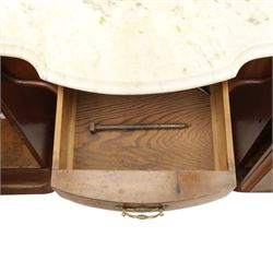 Victorian mahogany pedestal dressing table, shaped white marble top over central frieze drawer, flanked by two pedestal cupboards with four dummy drawer fronts and ornate brass handles, recessed kneehole with platform base, on plinth supports