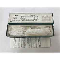 ‘00’ gauge - six model railway locomotive building kits comprising DJH Models CR/LMS/BR Wemyss Bay 4-6-2 Tank 944 Class, Caley Coaches CL4 Caledonian Railway Class 104 0-4-4T and CL2 Caledonian Railway Class 812 & 652 0-6-0 loco and tender, Mallard Models GWR 517 Class 0-4-2T body and chassis kit, Tru-Cast SR Class USA Tank locomotive and Pro-Scale LNWR Coal Tank; in original boxes 