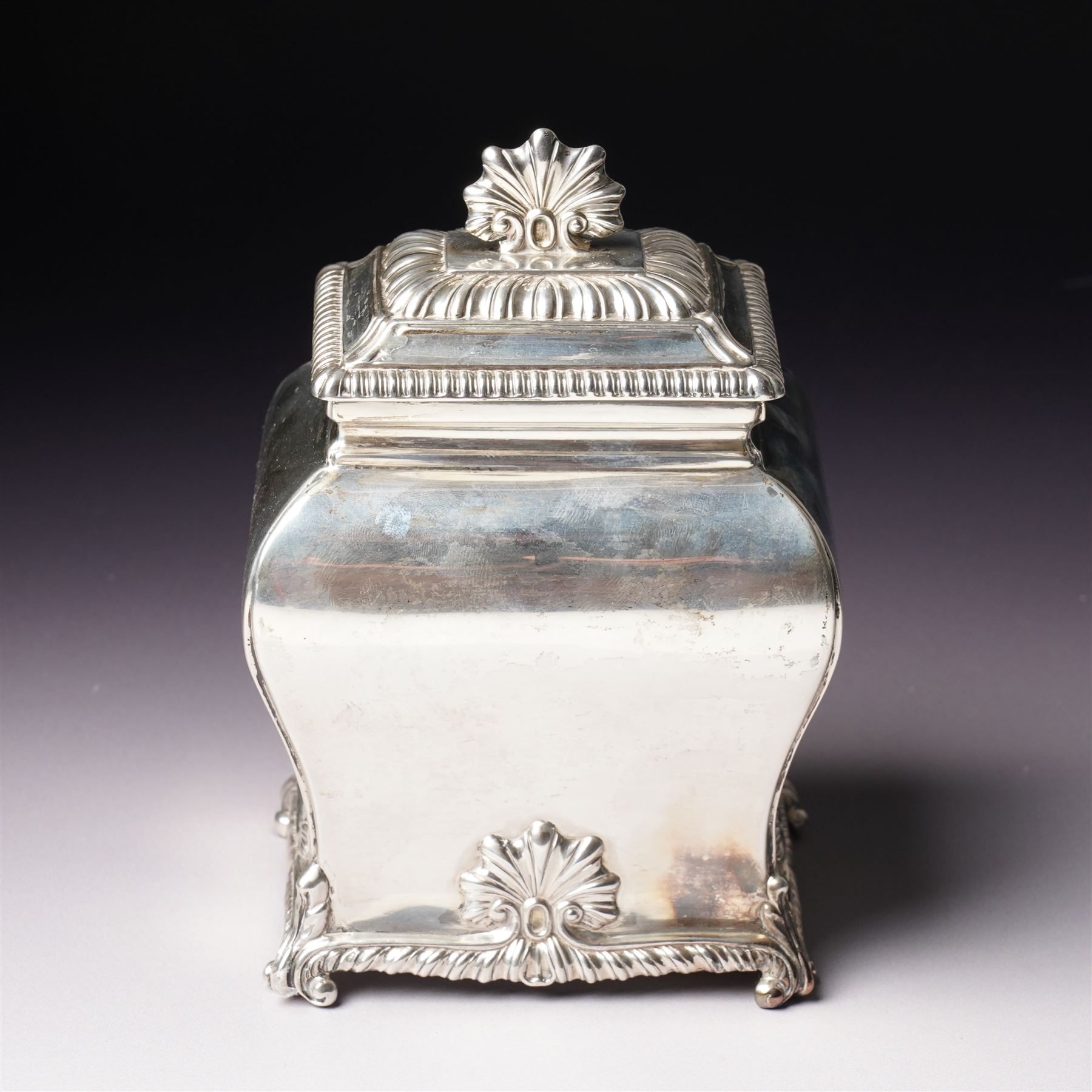 Edwardian silver tea caddy of bombe outline with shell moulded finial, shell moulded and gadrooned base on scroll feet H15cm London 1902 Maker Thomas Bradbury & Sons