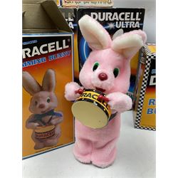 Collection of battery operated Duracell Bunny advertising figures, comprising two limited edition France 98 World Cup football bunnies, racing bunny, football bunny, two globetrotter bunny, fireman bunny and Christmas bunny, all boxed