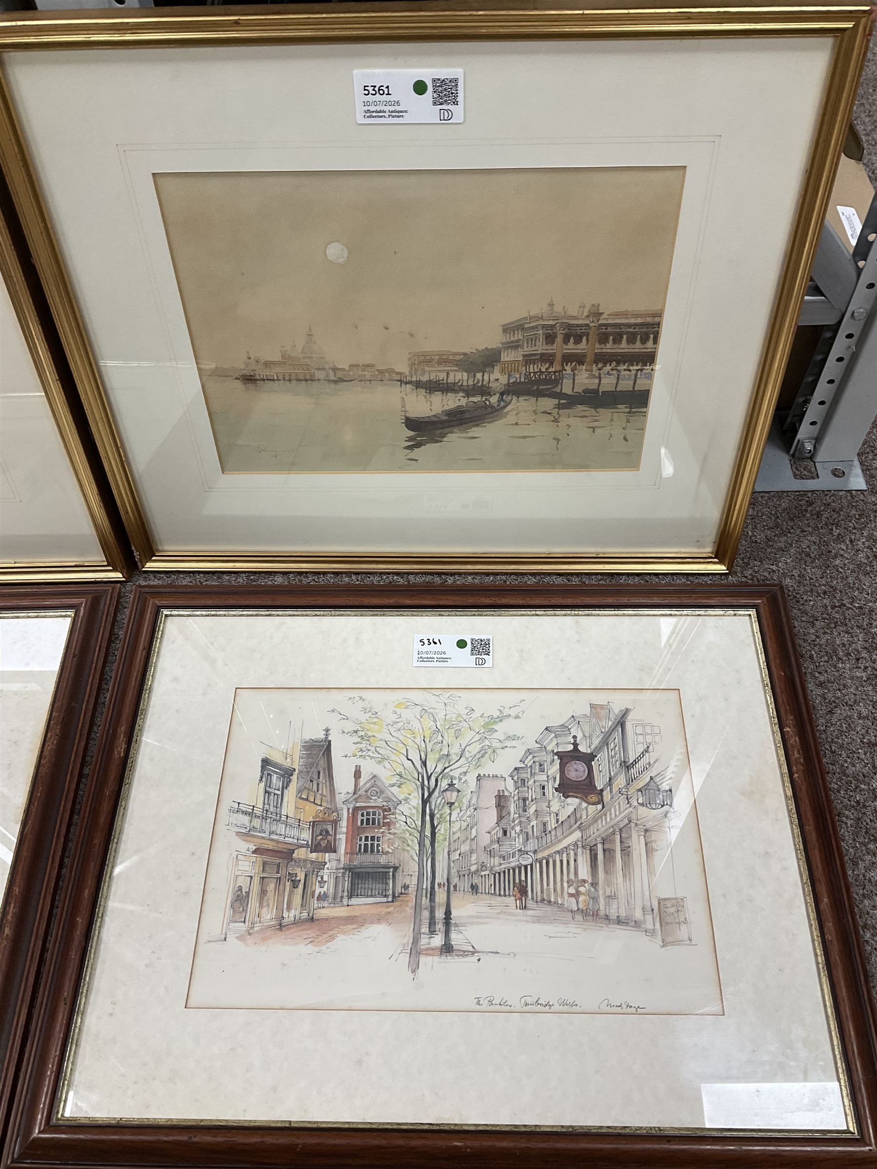 G Augusti (Italian late 19th/early 20th Century): Views of Venice, pair of watercolours signed; together with After Mads Stage (Danish 1922-2004): 'The Pantiles - Tunbridge Wells' and 'Chester - St Werburgh Court, The Town Hall Tower and Cathedral Gardens', pair of coloured lithographs max 23cm x 34.5cm (4)