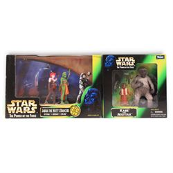 Ten Star Wars figures and playsets, comprising four The Kenner Collection Epic Force figures Bespin Luke Skywalker, Han Solo and two C-3POs, The Kenner Collection Power of the Force Kabe and Muftak figure pack, Jabba the Hutts Dancers, Jabbas Palace Diorama, Cantina at Mos Eisley Diorama and Hasbro Silver Anniversary packs Final Duel and Death Star Escape, all boxed