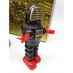  1960s Ko Japan tinplate clockwork 'Action Planet Robot', unboxed H22cm, The Amazing Magic Robot 4th ed. boxed, Escalado, Binatone Colour TV Game, View-Master with sidles, Art Deco walnut cased mantle clock, vintage clock and an embossed brass magazine rack   