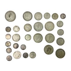 Approximately 28 grams of pre 1920 silver coins including four pence pieces and approximately 120 grams of pre 1947 silver coins including 1926 halfcrown etc