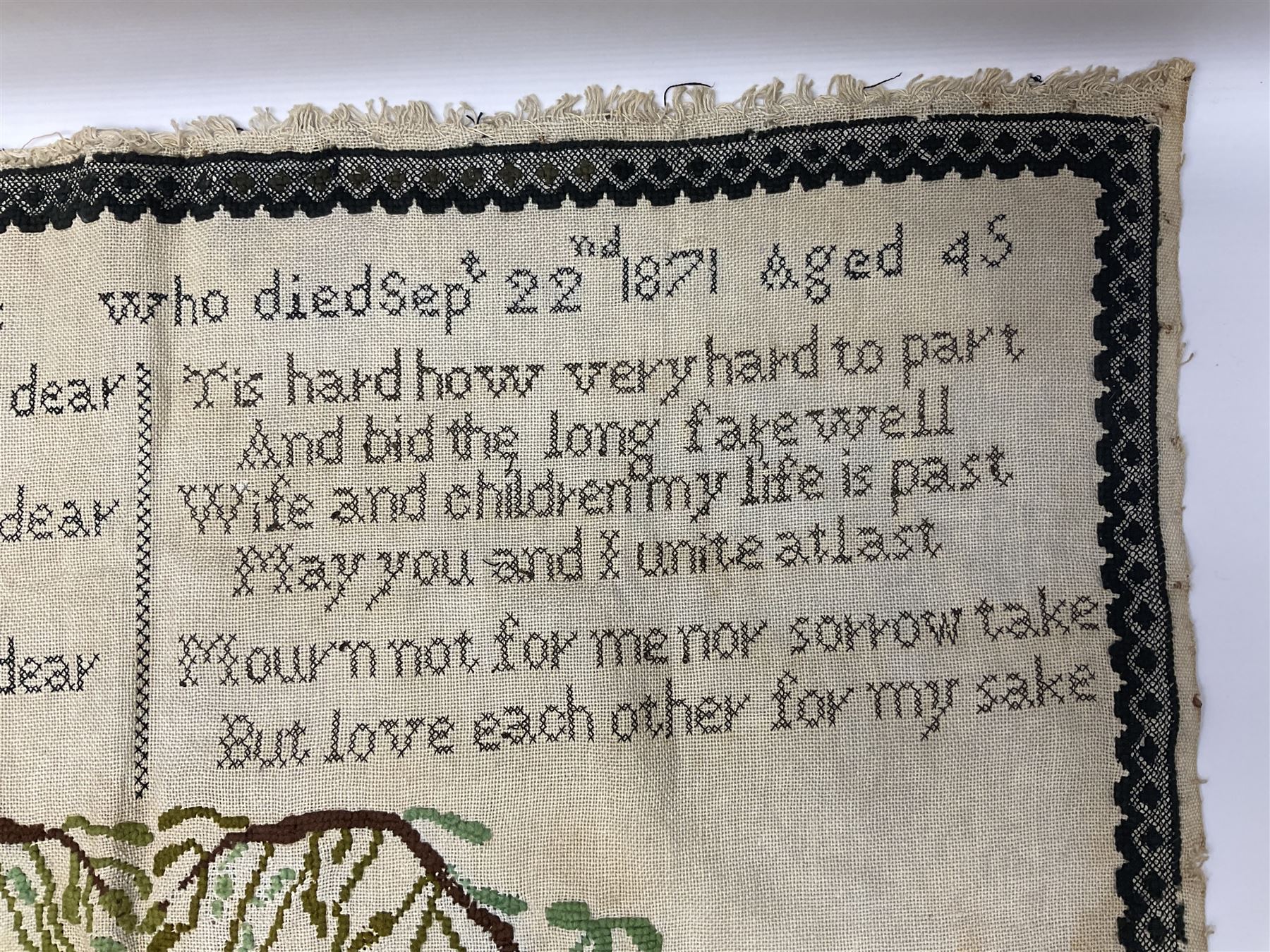 Victorian needlework  picture and verse sampler, 'In memory of Joshua Thomas who died Sep 22nd 1871 age 45', worked by Rebecca Emmott 1872 age 21, H66cm, W61cm 