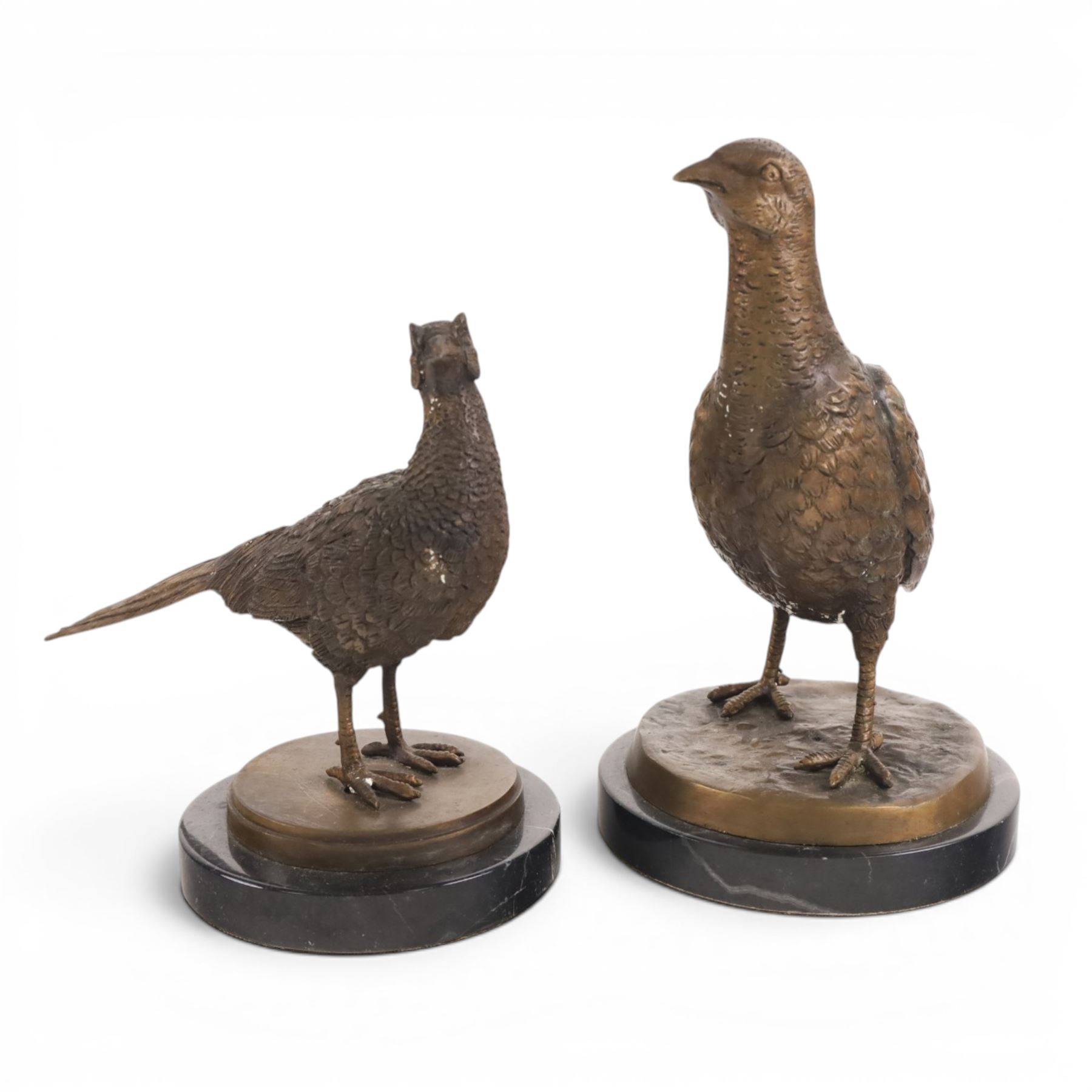 Bronze pheasant upon a circular marble base, together with a similar partridge, largest H25cm 