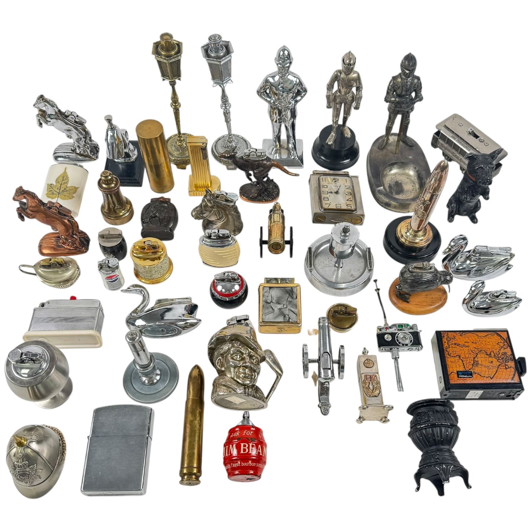 Collection of novelty lighters, including examples modelled as horse, swan, kiwi, bullet, lamppost etc 