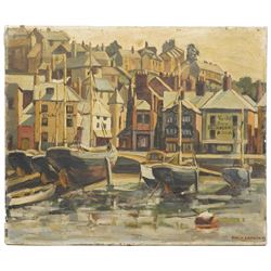 Philip Lambert (British 1918-2014): Moored Fishing Boats, oil on canvas signed 51cm x 61cm (unframed)