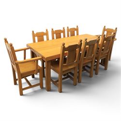 Contemporary solid oak dining table, and set of eight chairs, rectangular plank top with chamfered edges, raised on square supports