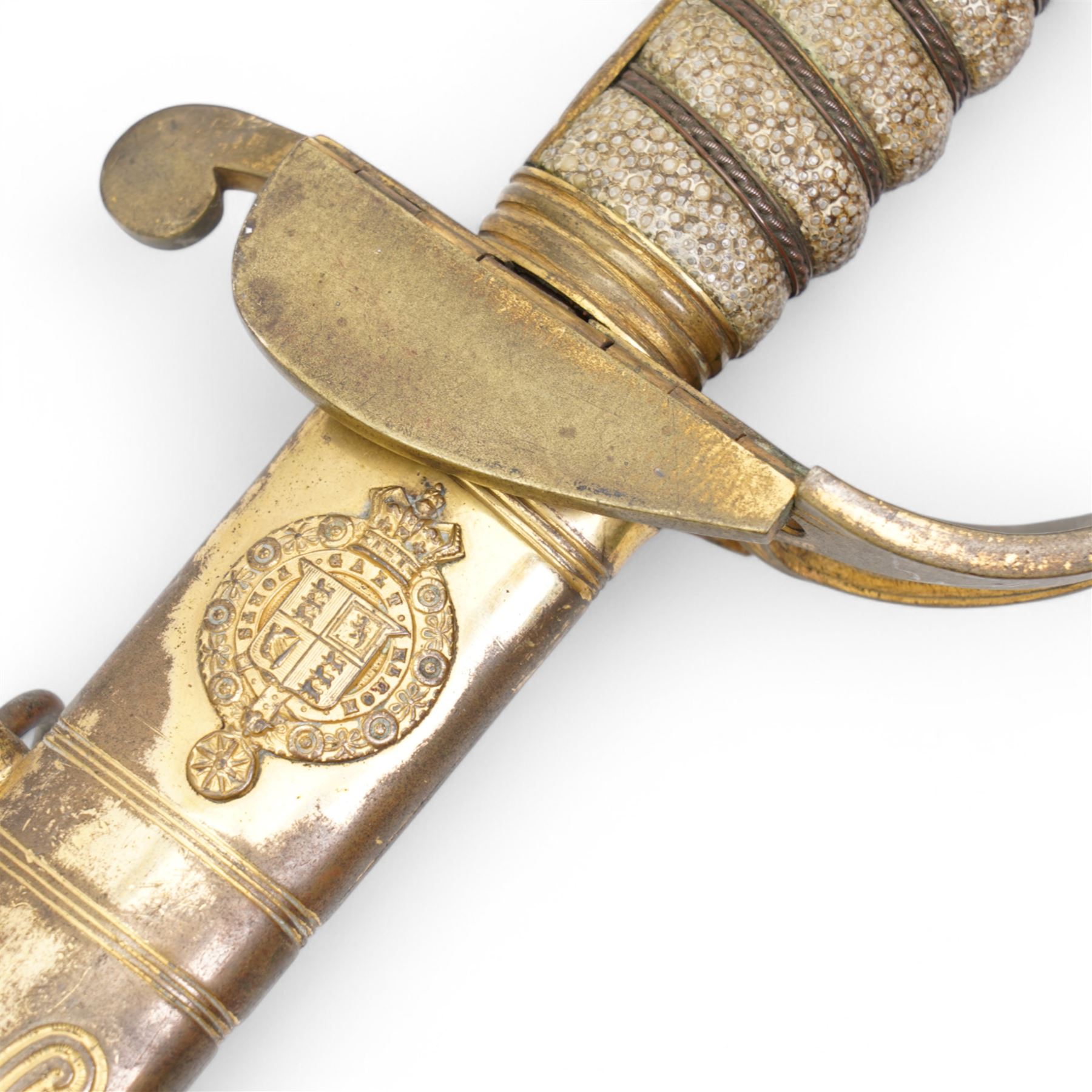 Victorian 1827 pattern Naval officers sword with lions head pommel, wire wound fishskin grip, the brass mounted leather scabbard inscribed 'Galt, Portsmouth', blade length 70cm 