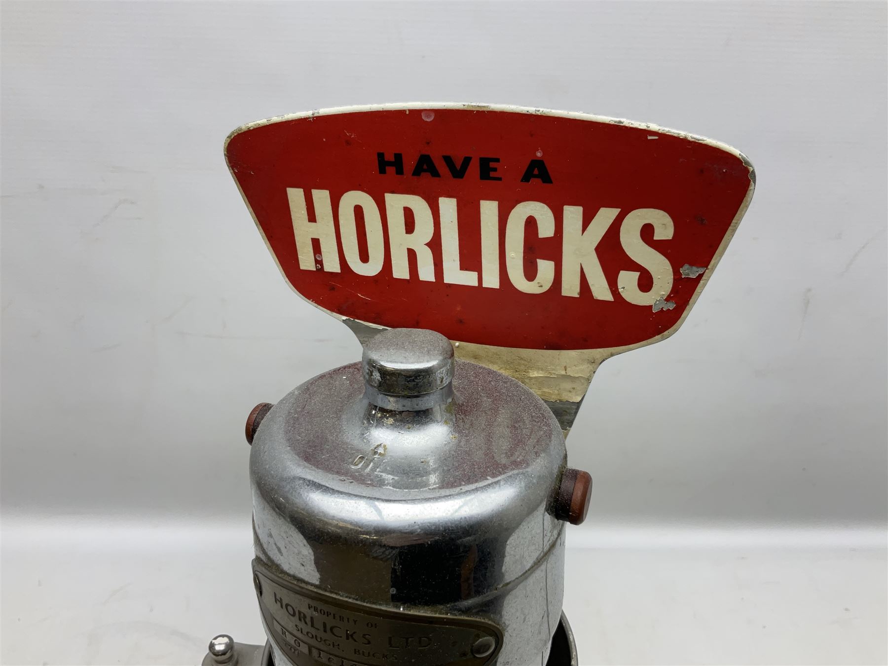 1950s Horlicks advertising shop counter electric mixer, with chrome fittings and stainless steel cup engraved Horlicks with wood handle, H50cm