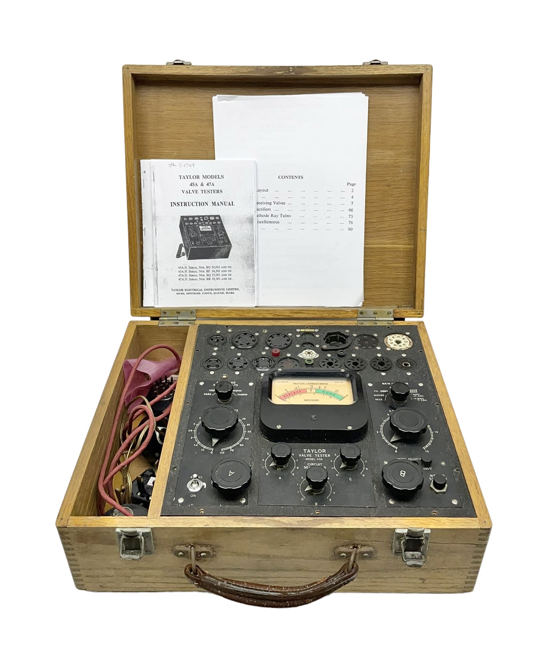 Taylor valve tester, model 45A, serial no. 64749, contained within a fitted wooden case