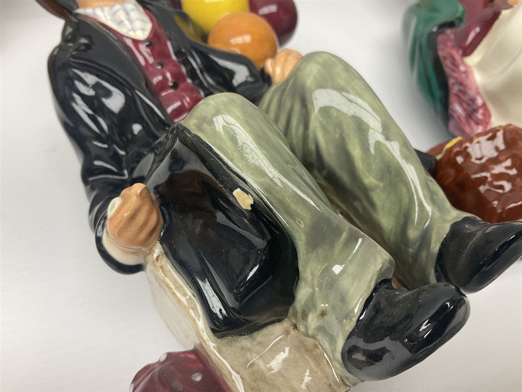 Four Royal Doulton figures, to include The Broken Lance HN 2041, The Old Balloon Seller HN 1315, The Balloon Man HN 11954 and Little Boy Blue HN 2043, together with a Coalport Ladies of Fashion figure Regina and three framed hunting silk needle works