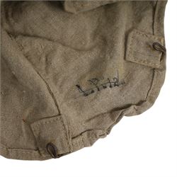 WWI canvas Pickelhaube Überzug (helmet cover), with ventilated finial cover, meta hooks to the seams, witha red cross to the front, marked to the inside ' BAVI 1915 '.