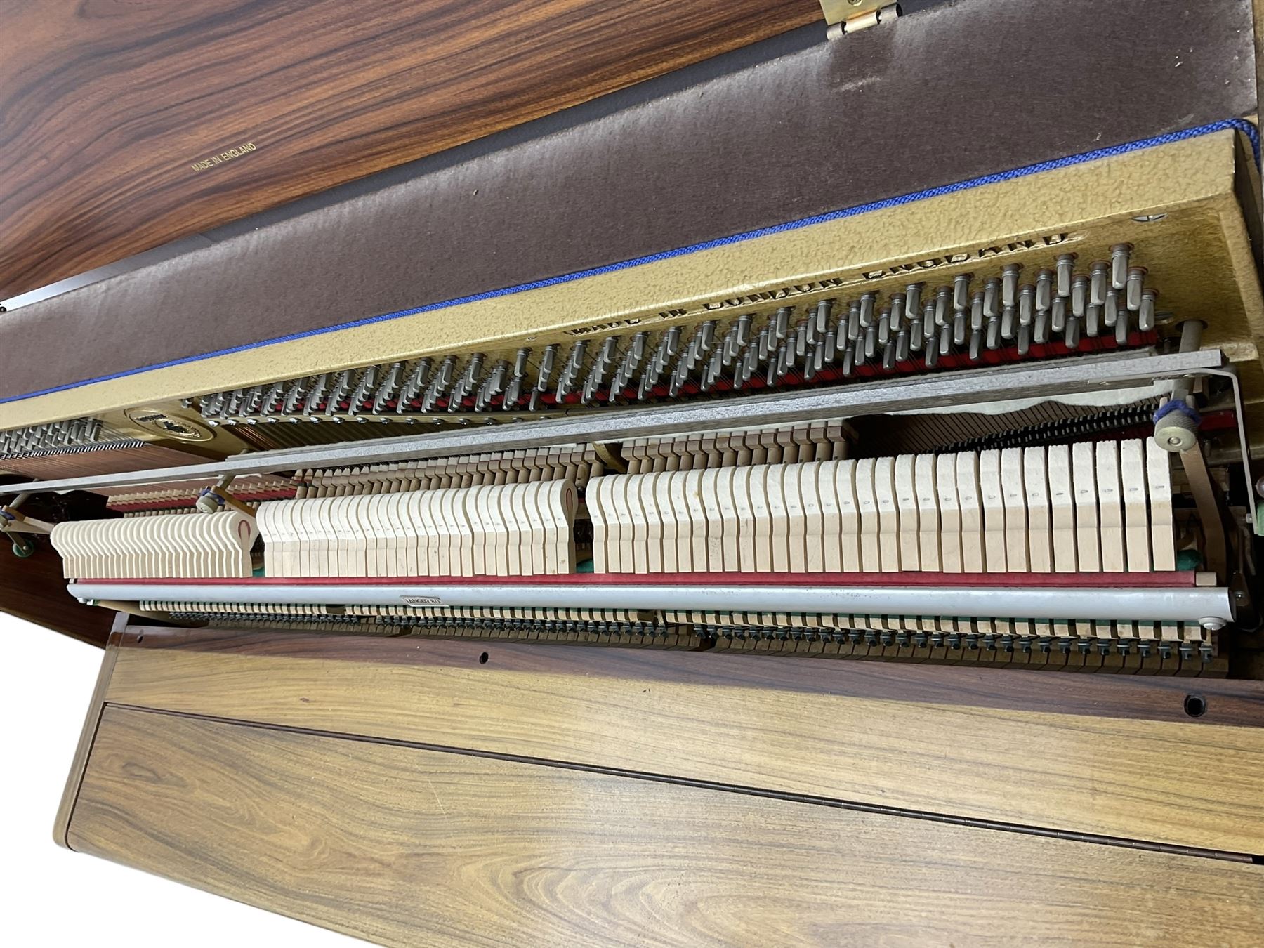 Welmar - English walnut cased upright piano, overstrung frame with a Langer underdamper action; serial No 107859 (1990) with practise, sostenuto and una corda pedals, 88 note seven octave keyboard, with matching duet stool.