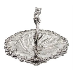 Victorian silver pedestal fruit basket with swing handle, applied vine and grape decorative border, pierced and engraved foliate body by Martin, Hall & Co, Sheffield 1857, approx 37.5oz, diameter 32.5cm