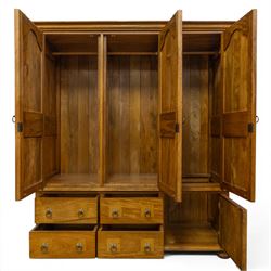 Barker & Stonehouse - contemporary flagstone and mango wood triple wardrobe and bedside cabinet, triple wardrobe with double doors revealing a full length wooden hanging rail, flanked by a cupboard with shelved interior, raised on a base with cupboard and drawers, turned bun feet