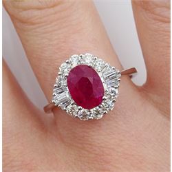 18ct white gold oval ruby and diamond cluster ring, stamped 750, ruby 1.75, total diamond 0.55 carat, with World Gemological Institute Report
