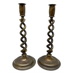 Pair of Victorian brass barley twist candle sticks, H30cm